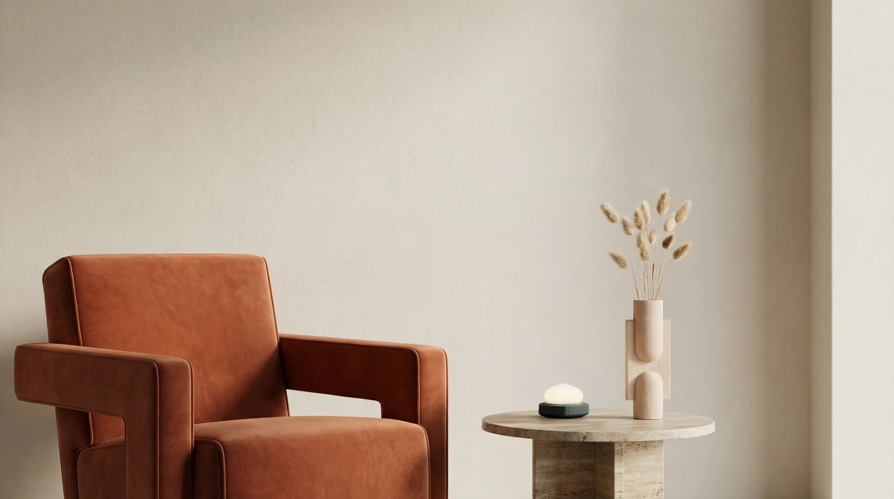 Nuri on a side table beside an armchair