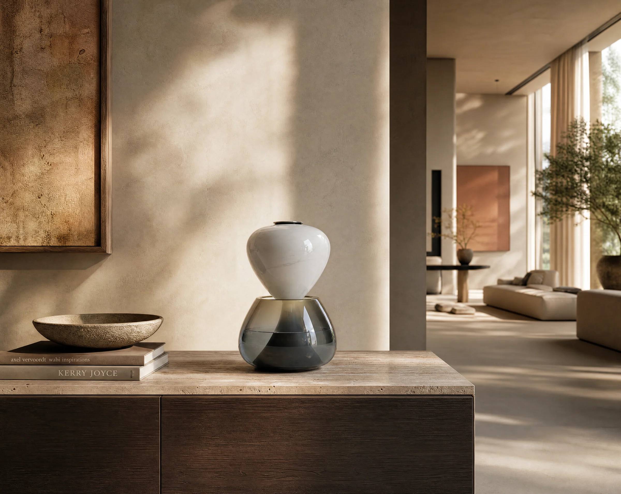 Hourglass fountain on a stone console