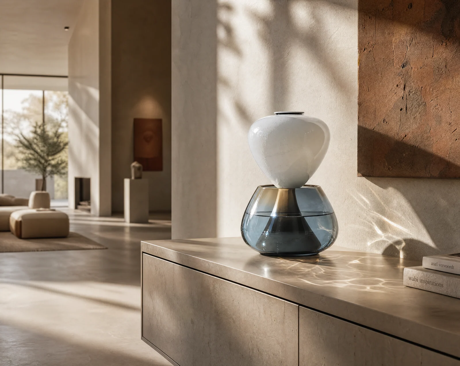 Hourglass fountain in a living room