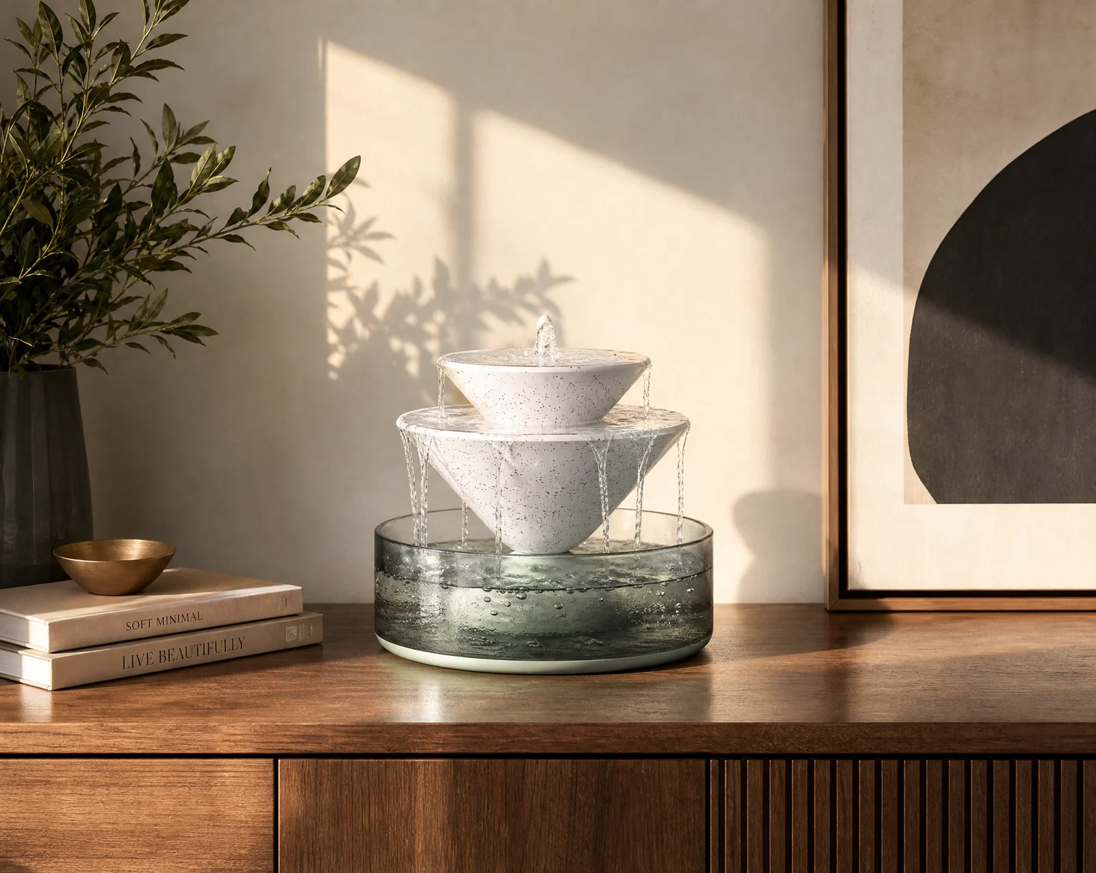 Tiered fountain on a sideboard at night