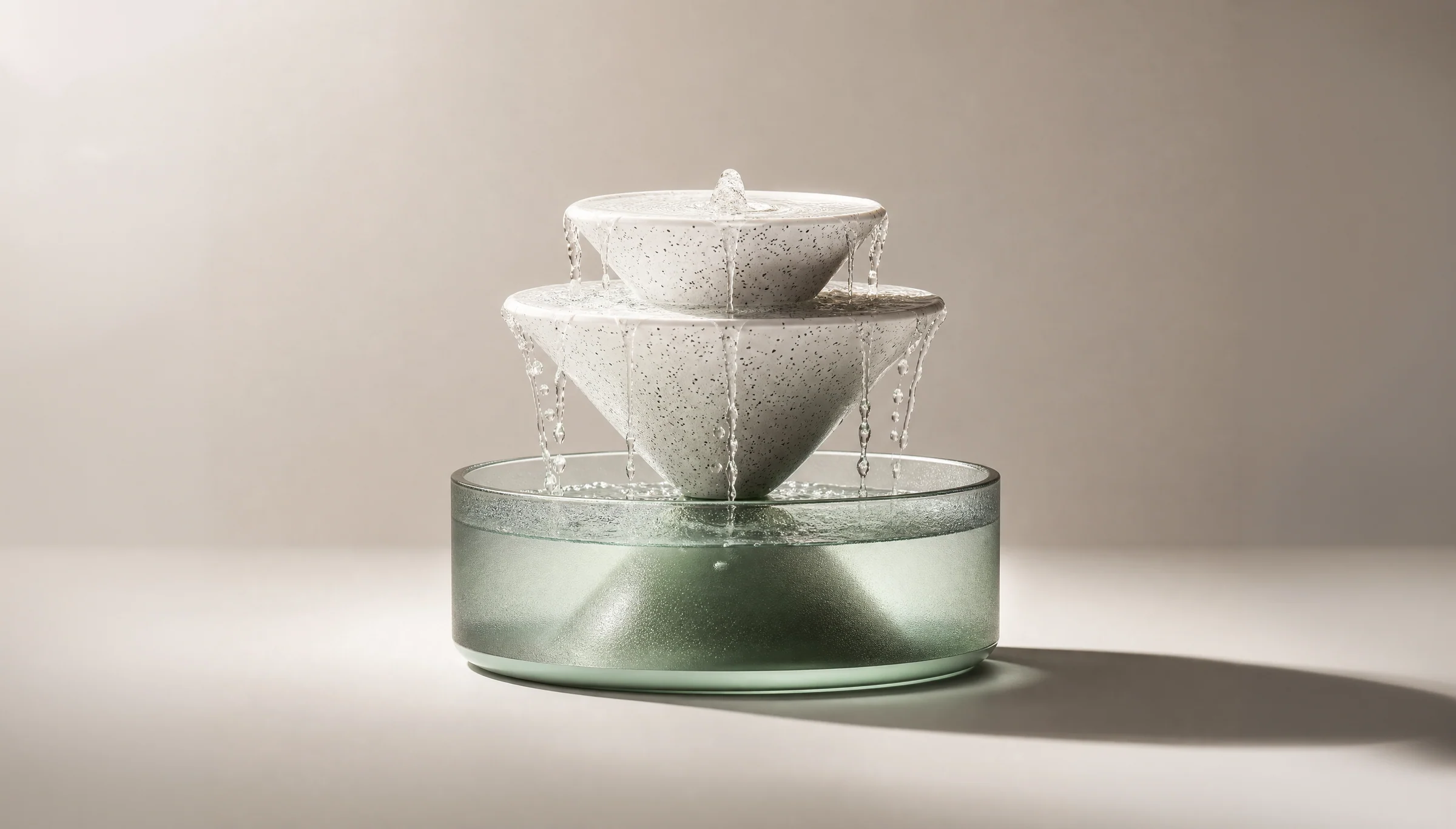 Tiered stone fountain in a glass basin